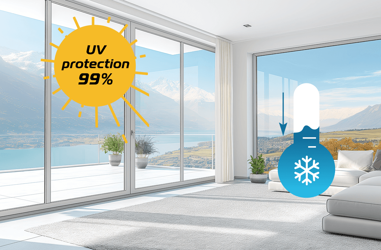 Apartment with solar films on terrace glass doors